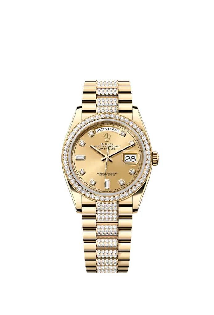Rolex Day-Date 36 Oyster, 36 mm, or jaune et diamants