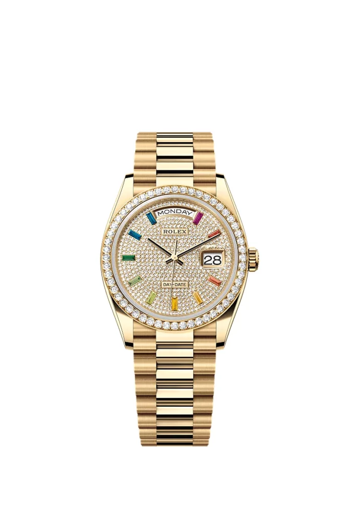 Rolex Day-Date 36 Oyster, 36 mm, or jaune et diamants