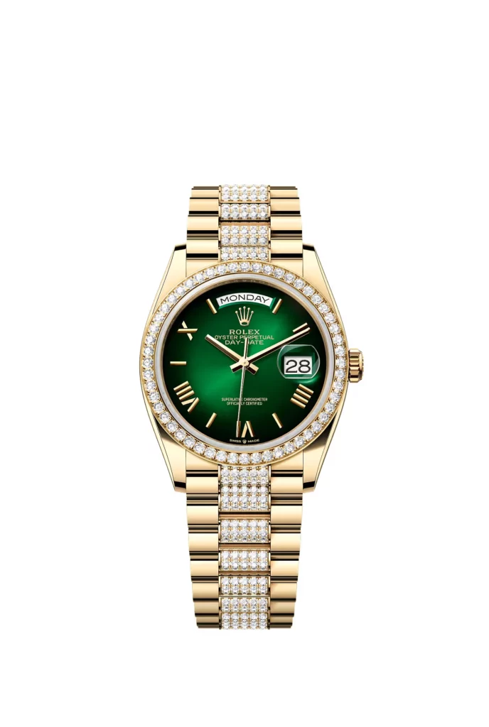 Rolex Day-Date 36 Oyster, 36 mm, or jaune et diamants