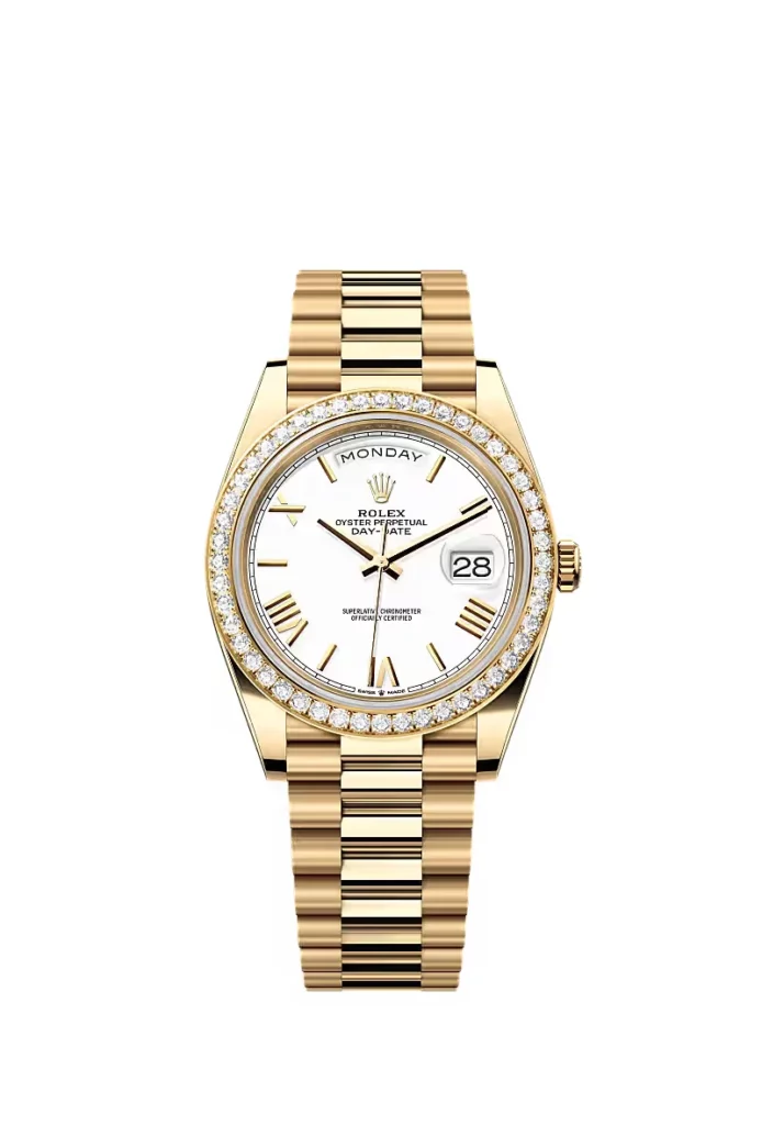 Rolex Day-Date 40 Oyster, 40 mm, or jaune et diamants